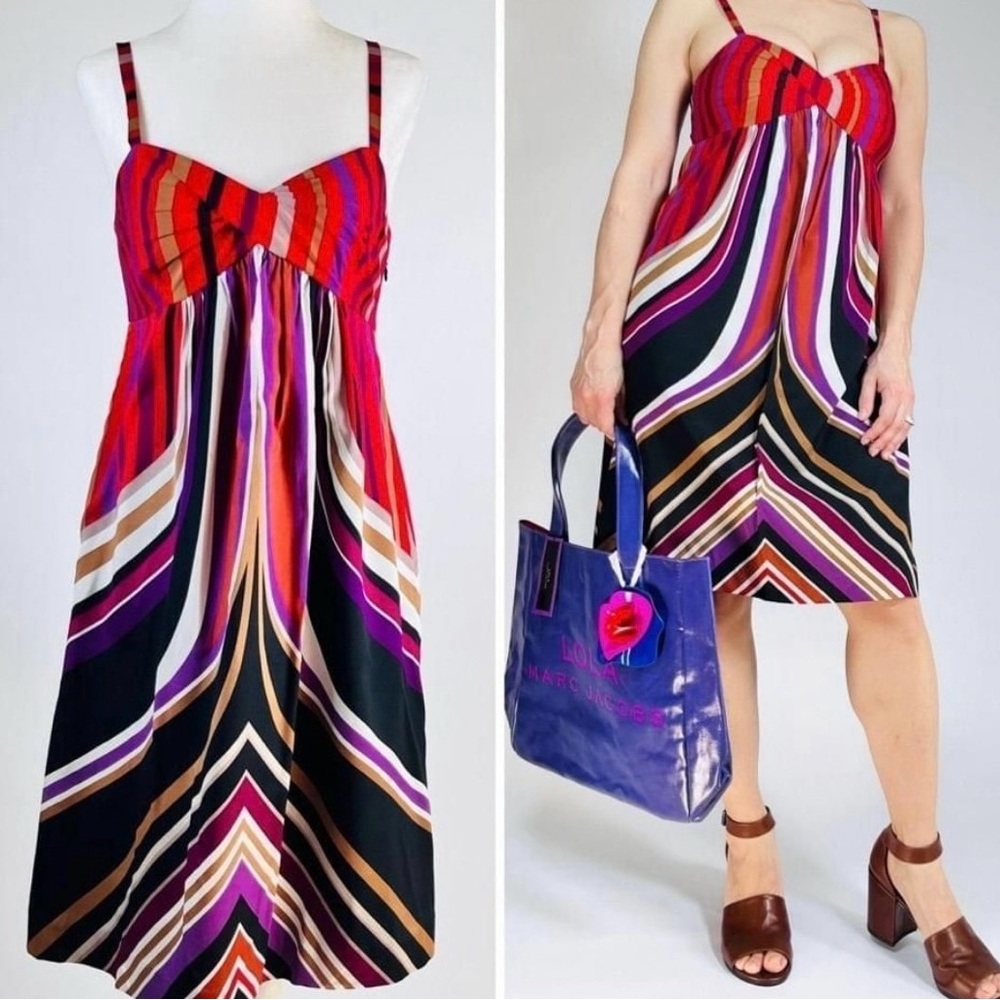 Banana Republic Red Violet Caramel Black White Striped Abstract Multicolor Dress